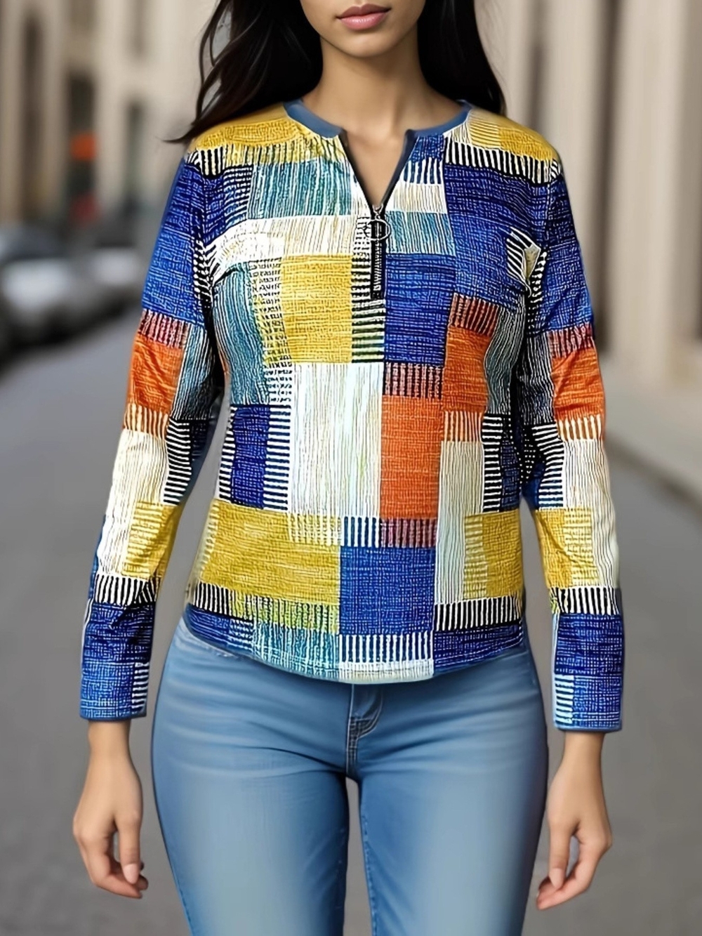 Women’s Colorblock Zip-Neck Top in Blue, Yellow & Orange